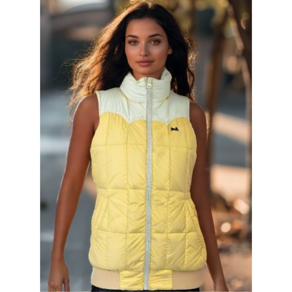 Y2K Le Tigre Down Puffer Vest Womens Size Small Reversible Yellow Pockets EUC